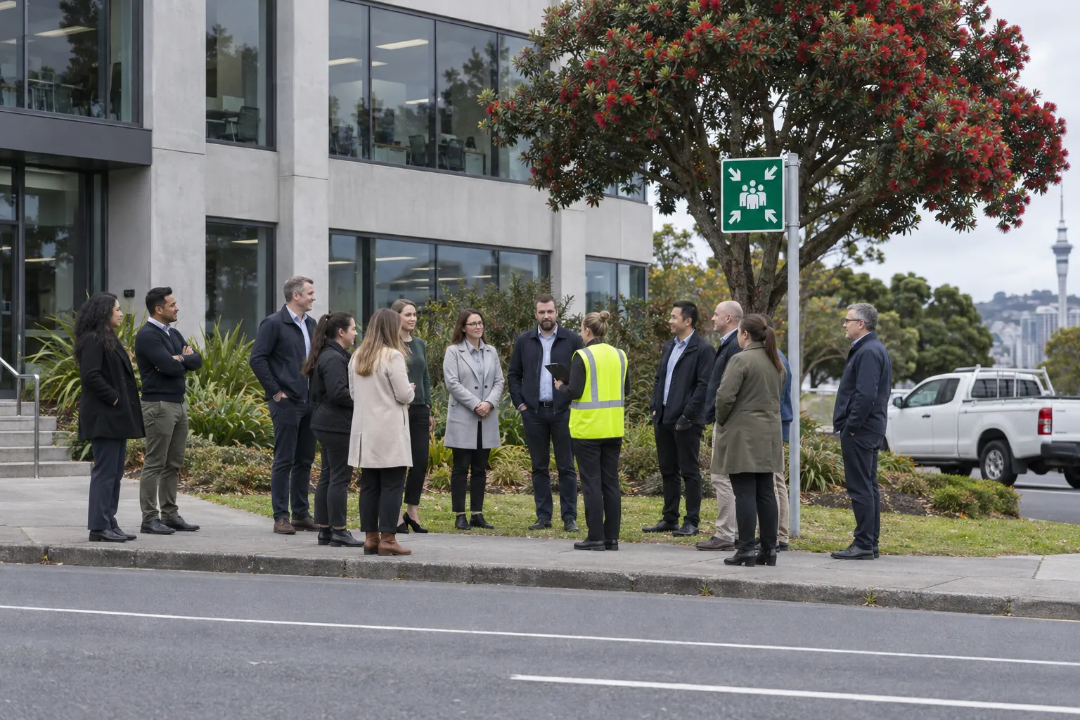 Office staff gathered at an assembly point outside their building while a fire warden with a clipboard counts heads.
