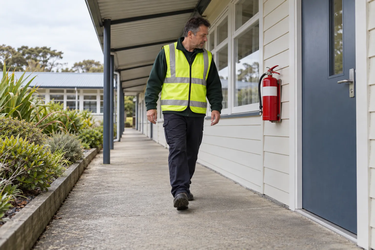 A caretaker in a hi-vis vest walking past a wall-mounted fire extinguisher on a school's covered walkway.