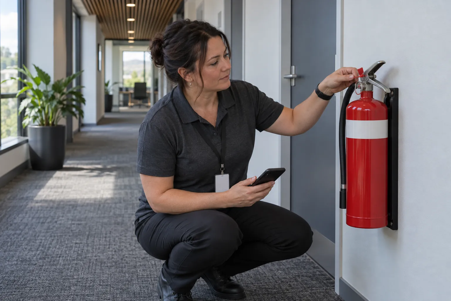 A facilities coordinator crouching to check the seal on a wall-mounted fire extinguisher in an office corridor.