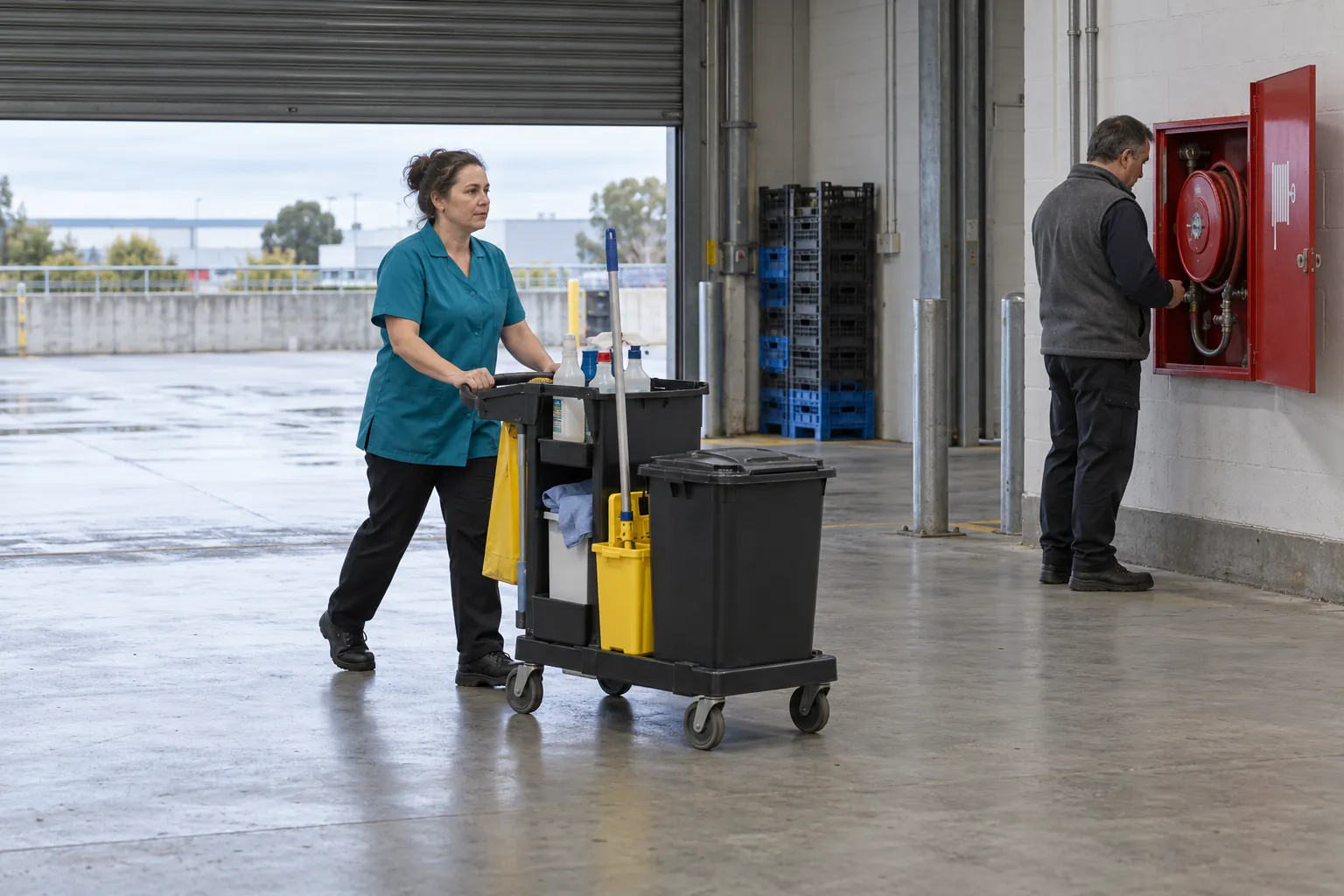 A cleaning supervisor wheeling a trolley away from a fire hose reel cabinet at a shopping centre loading dock.