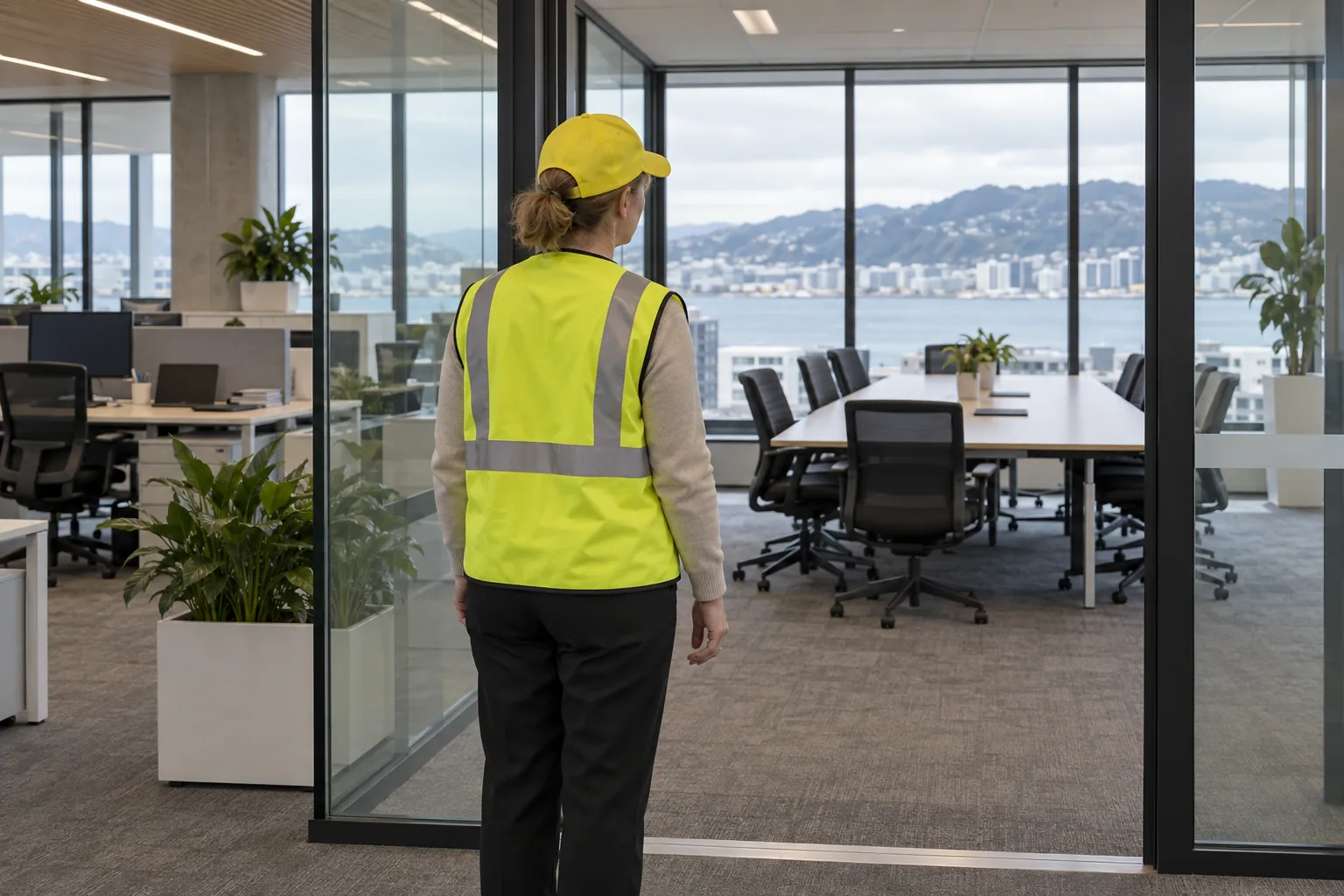 A fire warden in a yellow cap and vest checking a meeting room on an empty office floor.