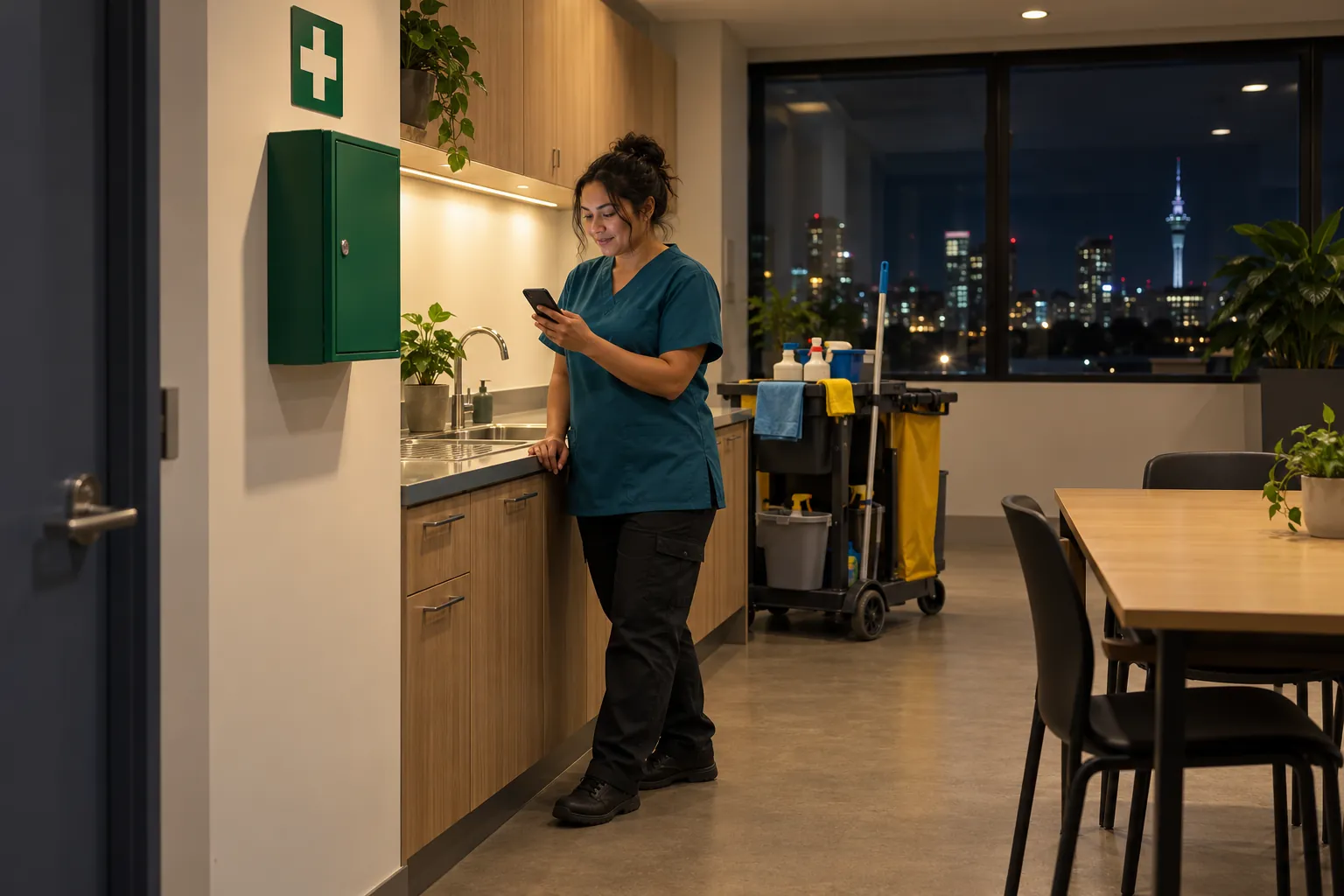 A cleaner with a trolley looking at her phone beside a green first aid cabinet in an office kitchenette at night.