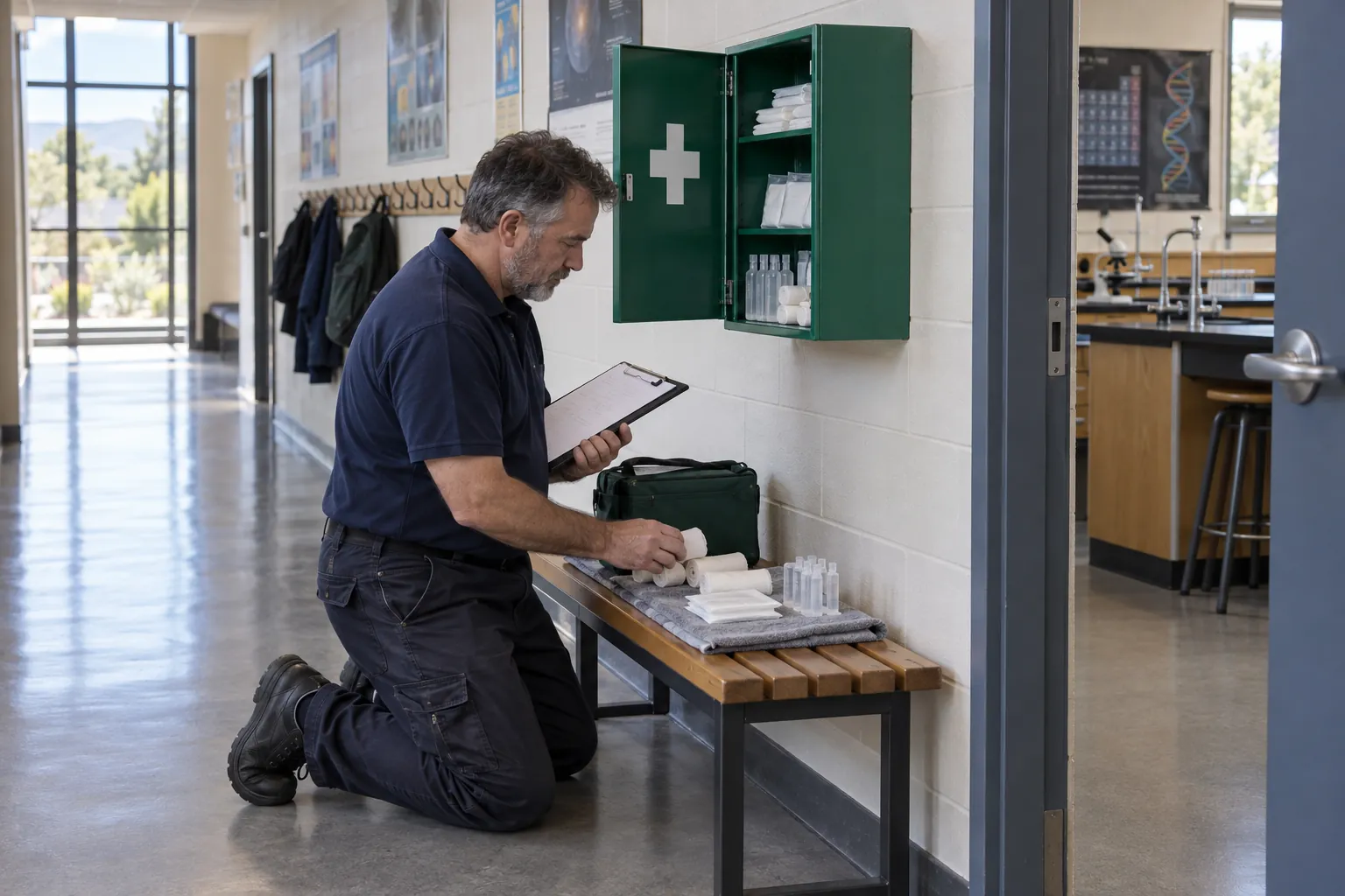A caretaker kneeling by an open green first aid box, checking dressings against a list in a school corridor.