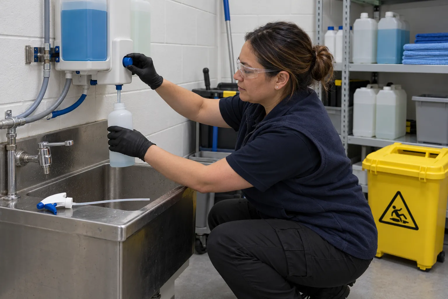 A cleaning supervisor filling a spray bottle from a wall-mounted dilution dispenser above a cleaner's sink, with a spill kit behind her.