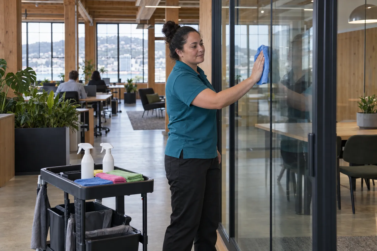 A cleaner wiping a glass partition with a microfibre cloth in a bright timber-lined office, a cleaning trolley beside her.