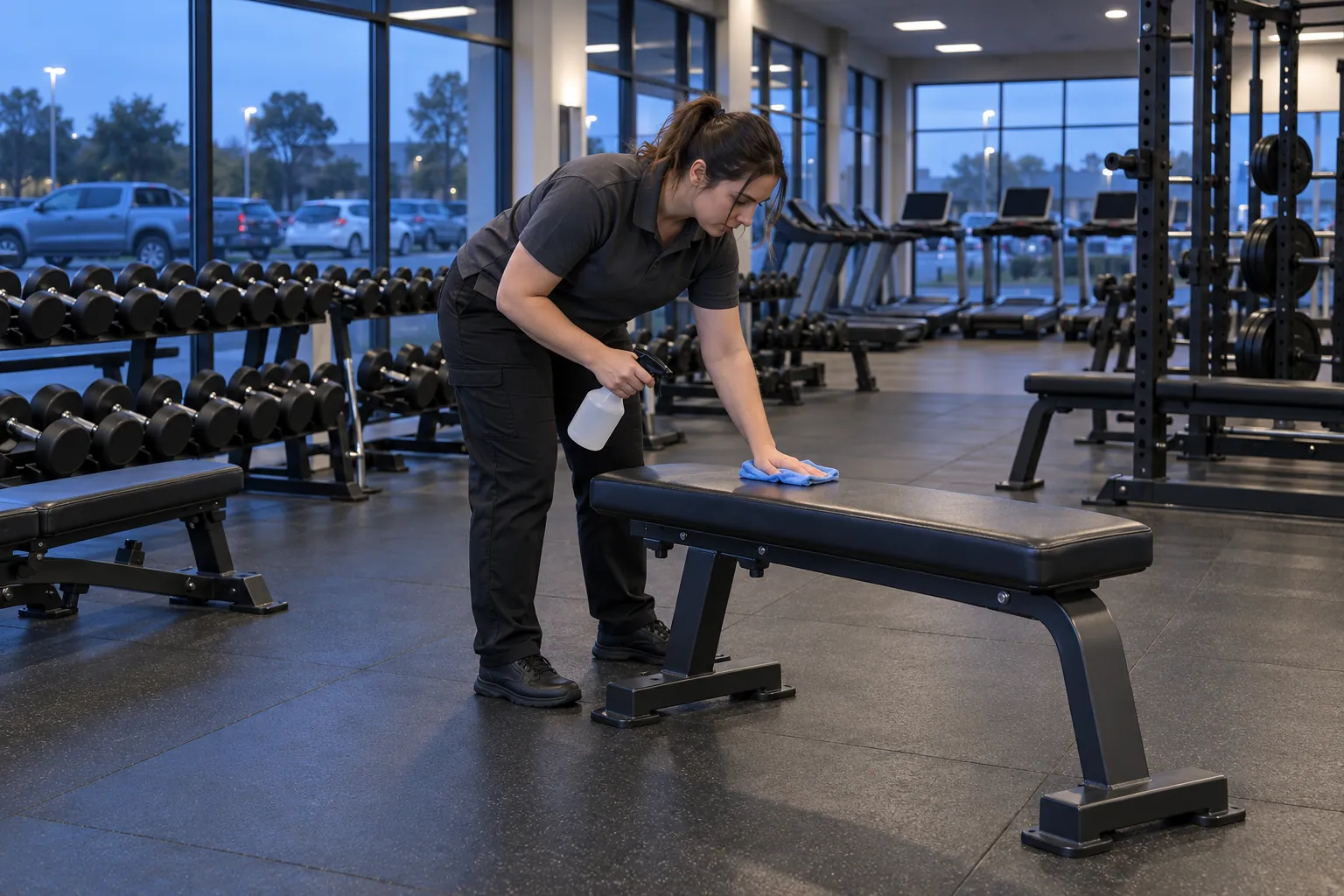 A cleaner wiping down a weights bench on an empty gym floor before dawn.