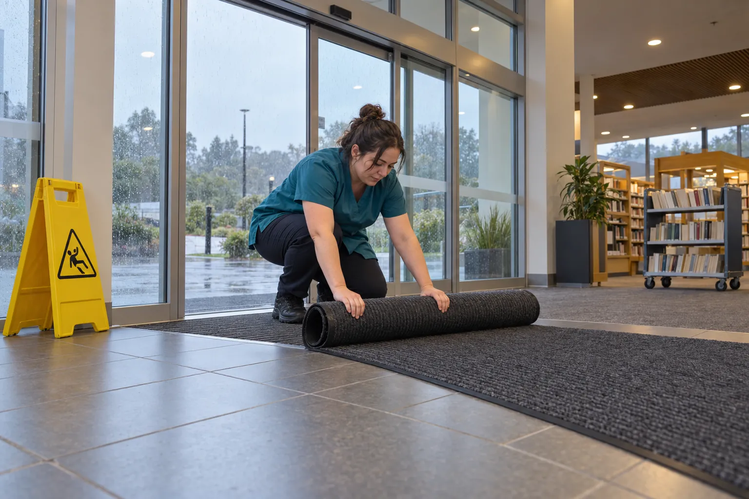 A cleaner laying an entrance mat inside a library's sliding doors on a rainy day.
