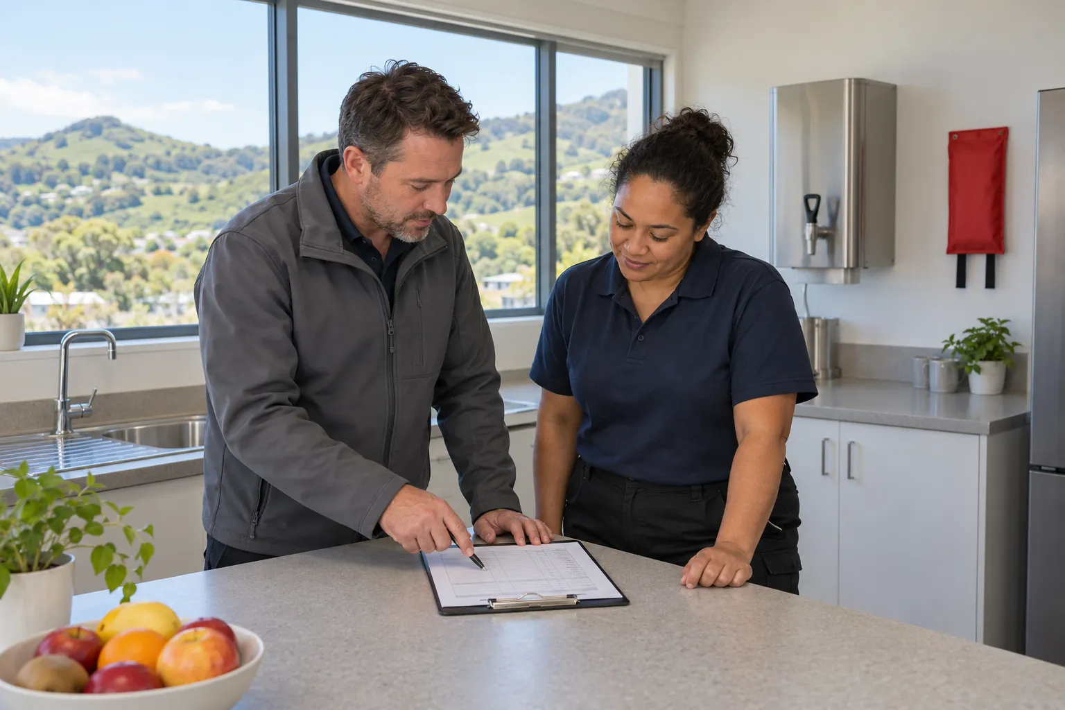A facilities manager and a cleaner reviewing a printed table on a clipboard in a staff kitchen.