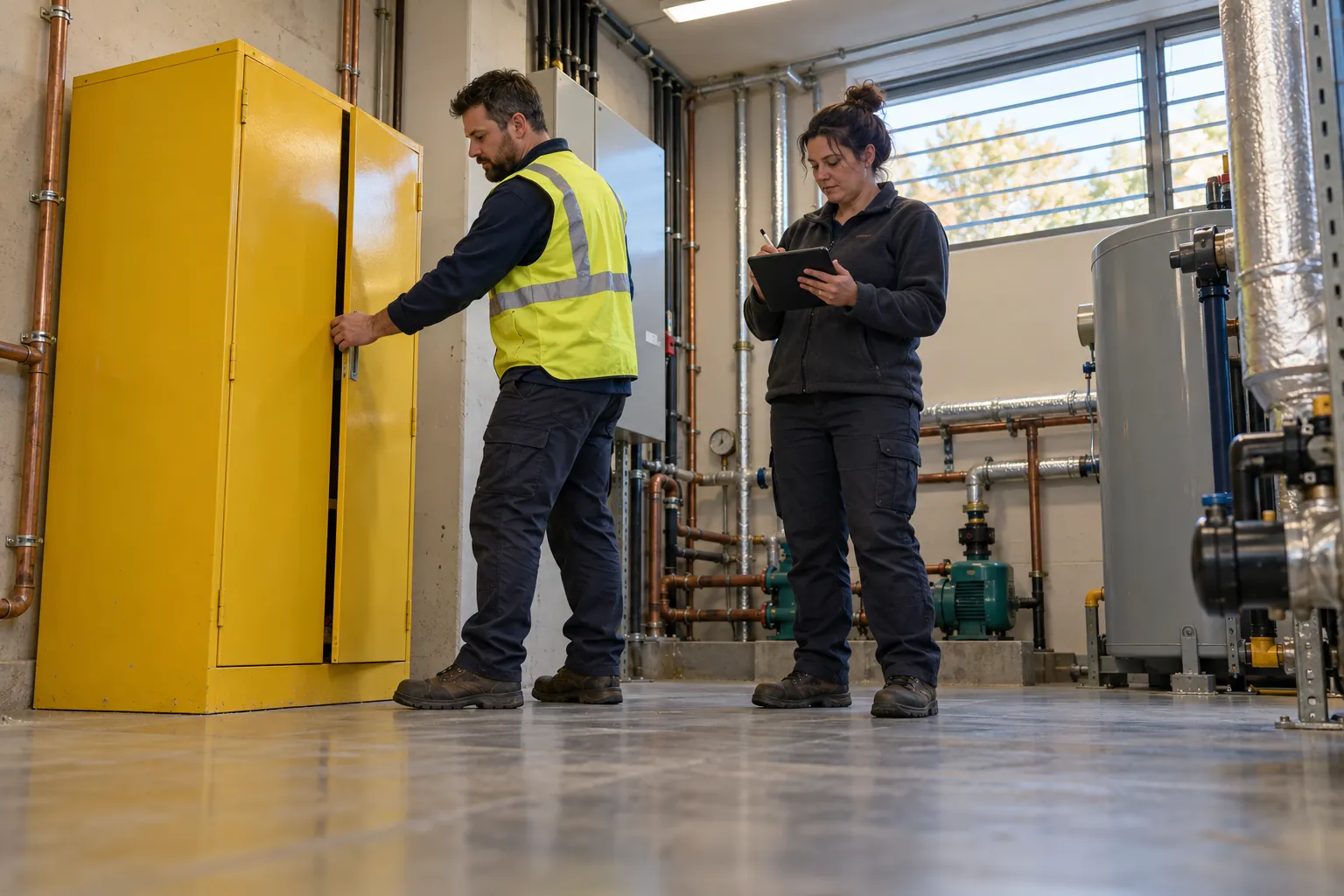 Two maintenance workers at a yellow flammable goods cabinet in a school plant room.