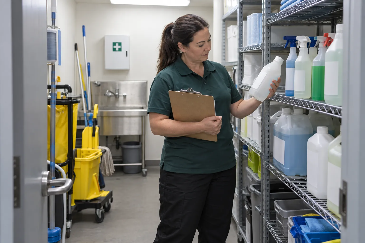 A cleaning supervisor with a clipboard checking containers on store room shelves.
