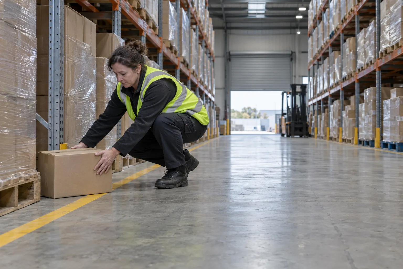 A warehouse supervisor moving a carton off a marked pedestrian walkway between pallet racks.
