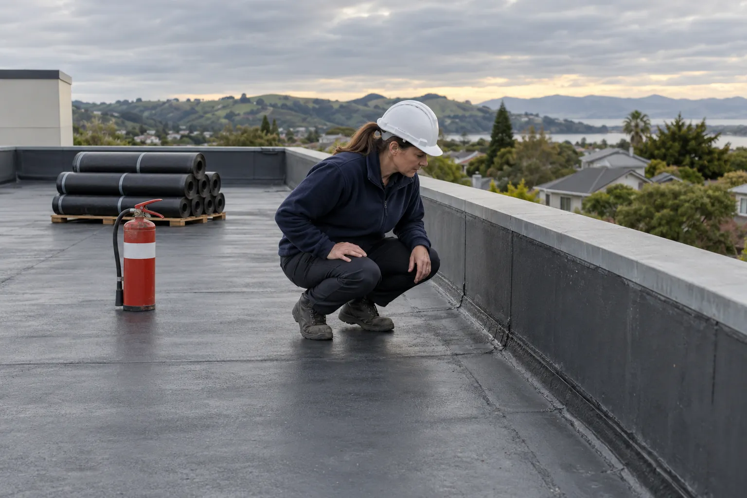 A building manager in a hard hat crouching to look at a newly laid roof membrane beside a parapet, with a fire extinguisher standing nearby.