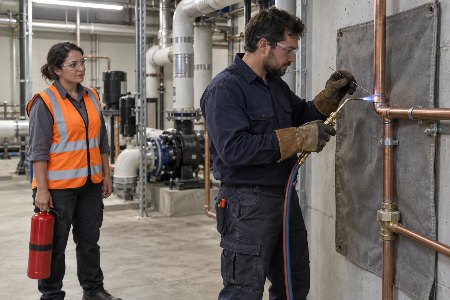 A plumber brazing copper pipework in a plant room while a second worker in a hi-vis vest stands by with a fire extinguisher, watching.