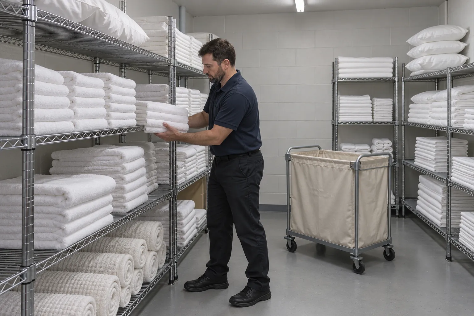 A housekeeping worker taking folded towels from a waist-height shelf in a hotel linen room lined with sheets and pillowcases.