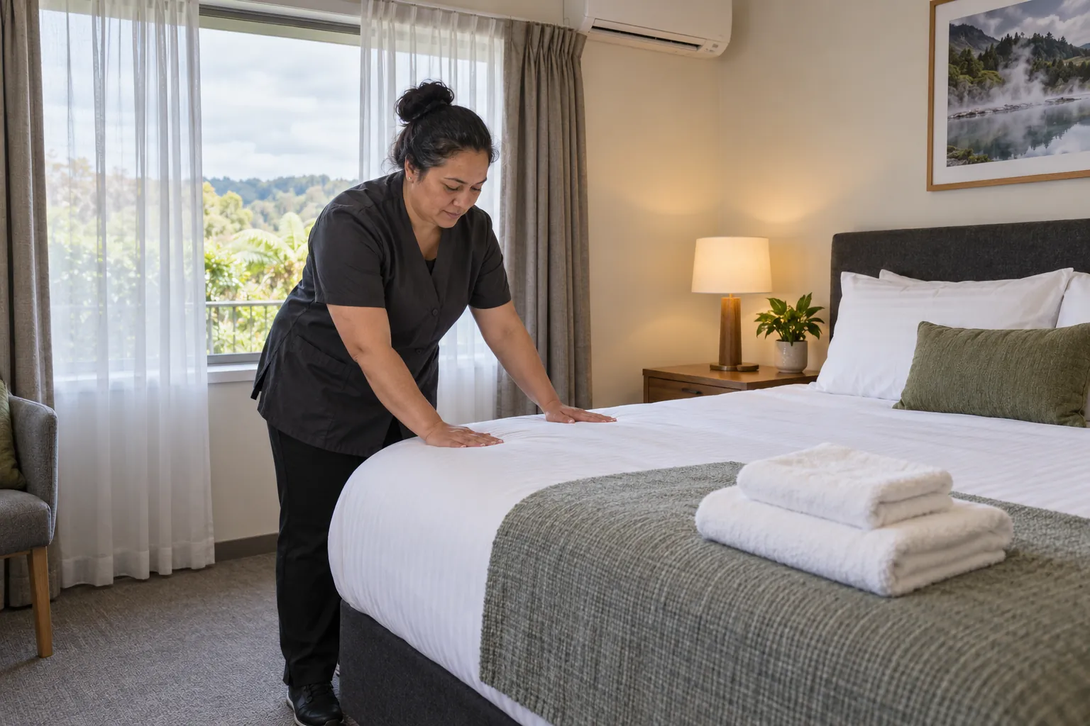A room attendant smoothing a white duvet on a freshly made bed in a hotel room, with folded towels at the foot of the bed.