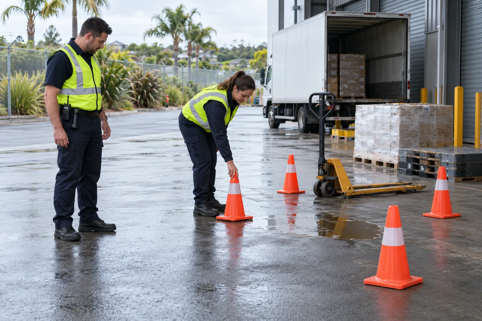 A security officer and a warehouse worker marking off a small spill with orange cones on a loading dock behind a shopping centre.