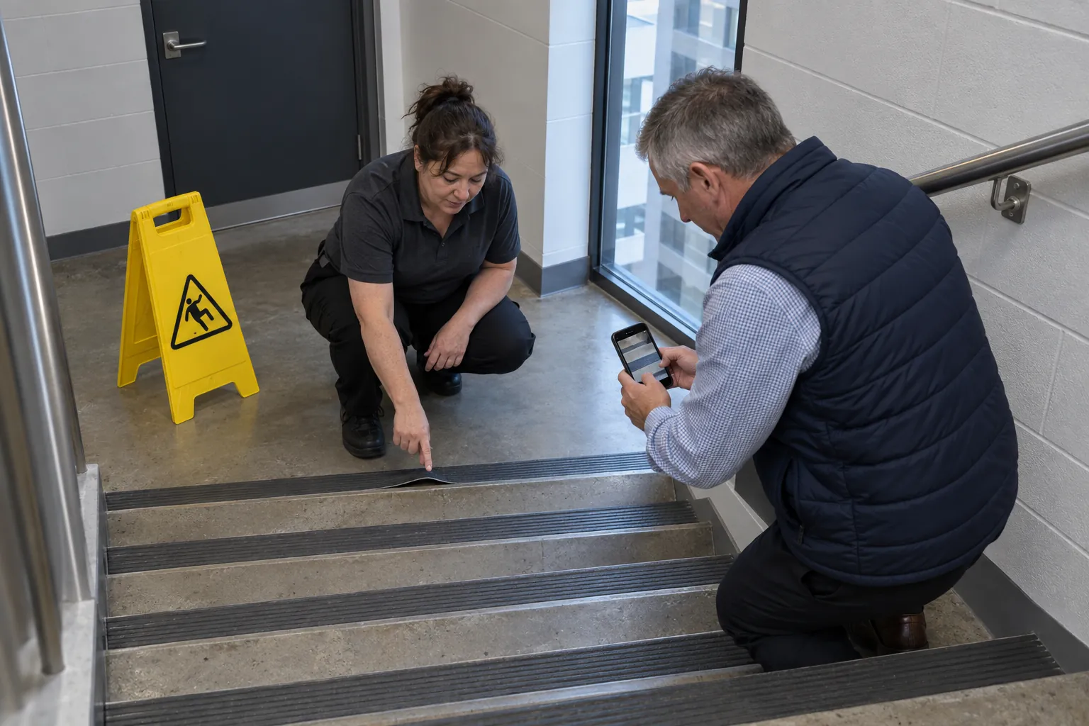 A cleaner crouching beside a wet-floor sign at the foot of an office stairwell, showing a building manager a lifted stair nosing.