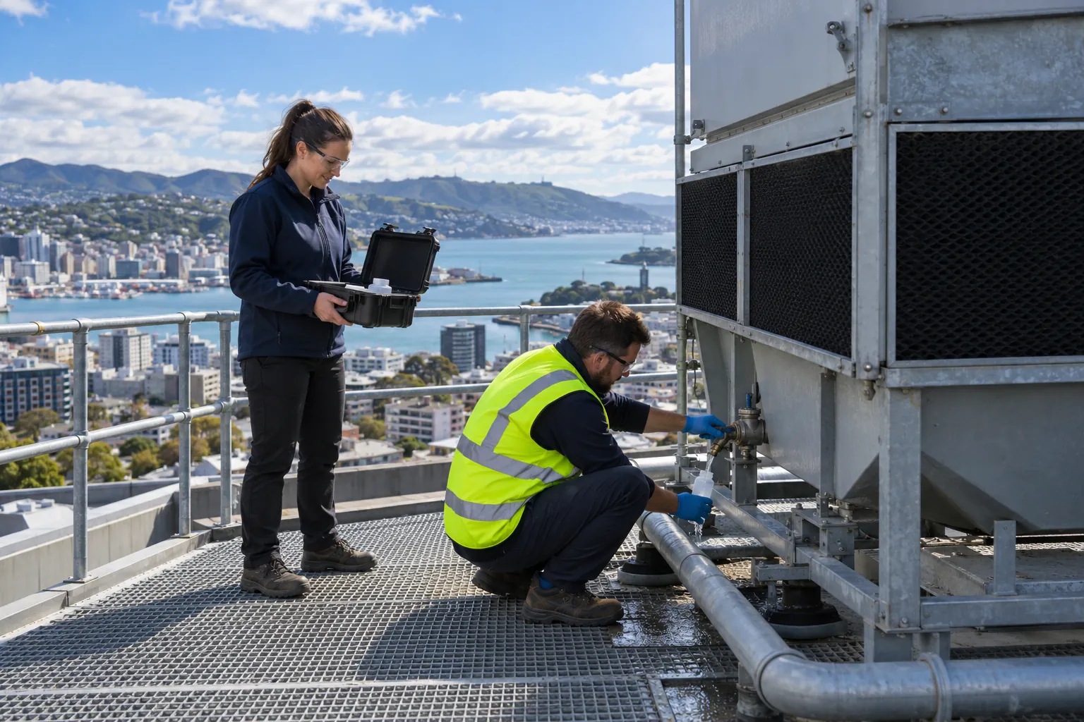 A water treatment technician taking a water sample from a rooftop cooling tower while a colleague holds an equipment case.