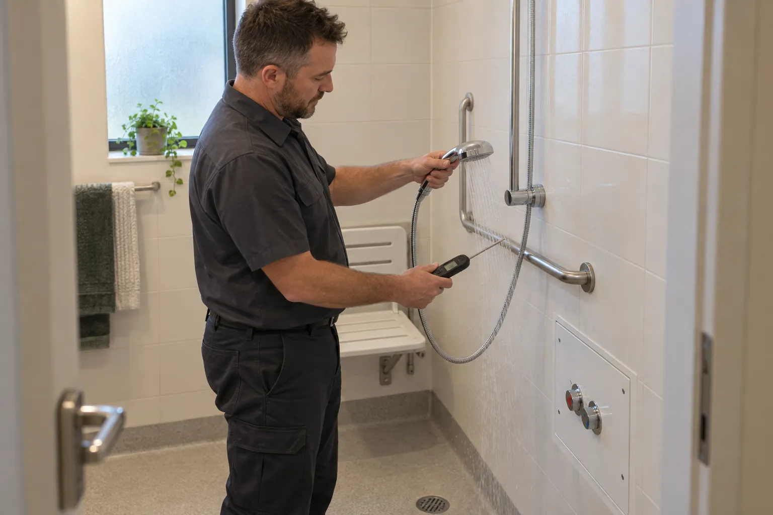 A maintenance technician checking the water temperature at a hand-held shower in an accessible care home bathroom.