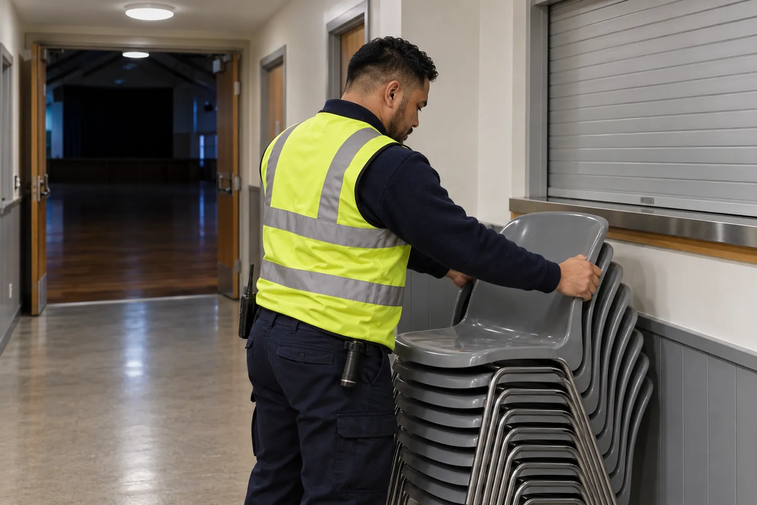 A security officer straightening a stack of chairs in a community hall corridor before locking up.