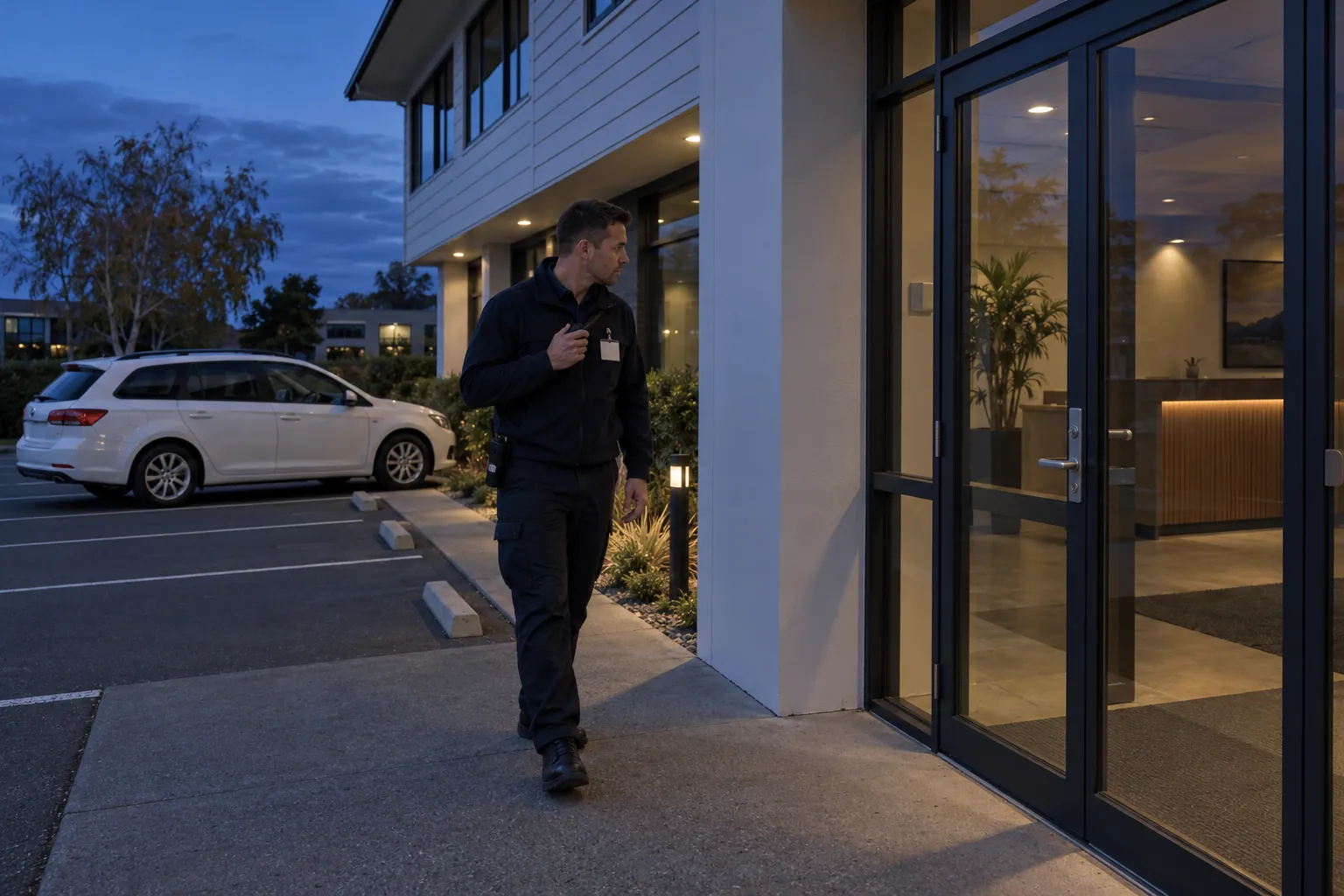 A patrol officer checking an empty office lobby through its glass entrance at dusk.