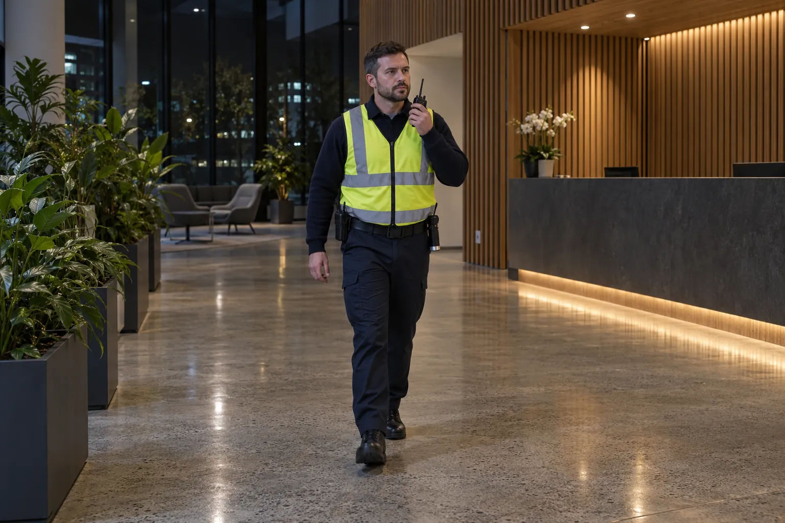 A security officer in a high-visibility vest speaking into a radio as he walks through an empty office building foyer at night.