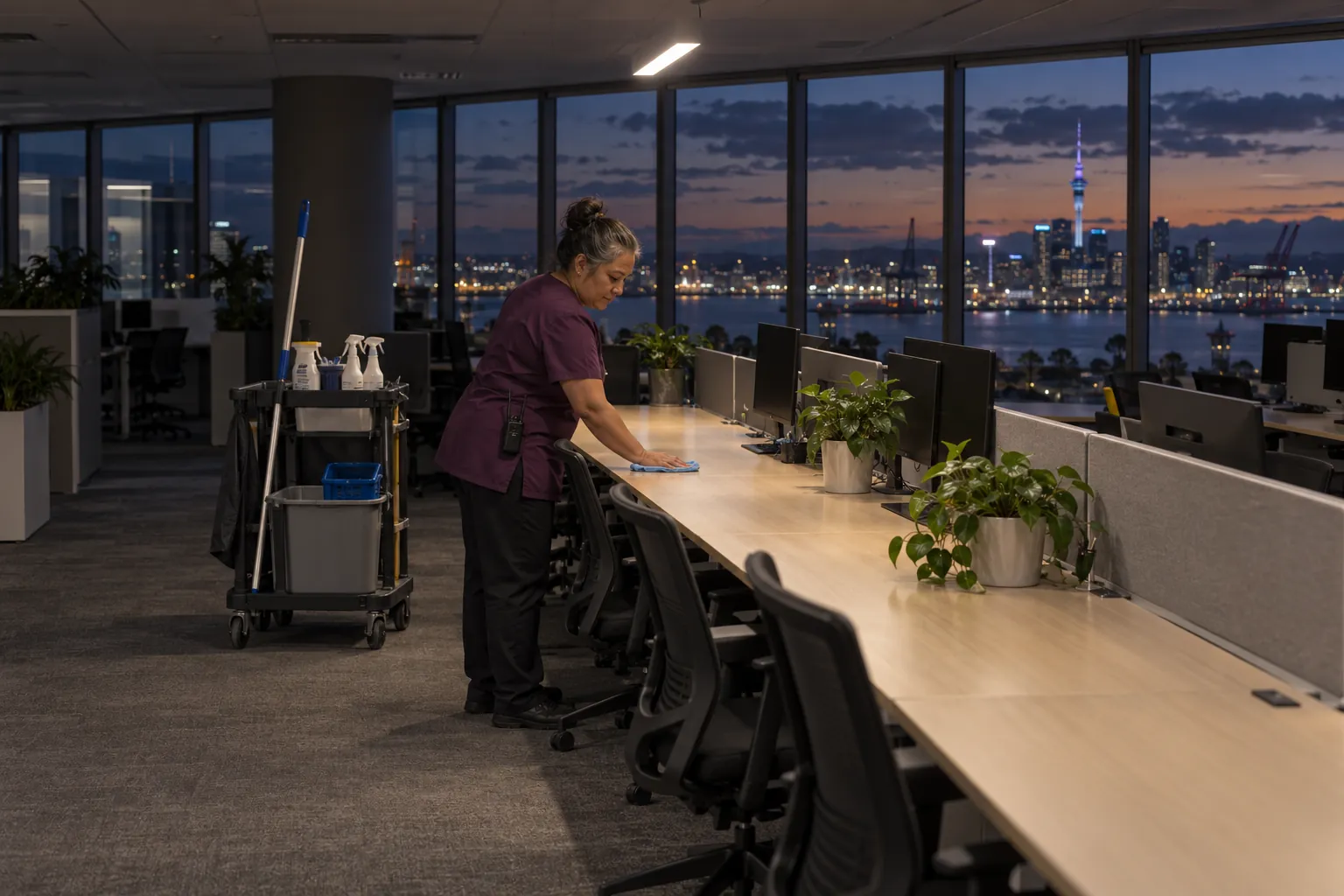 A cleaner wiping a desk alone in a dimly lit open-plan office at dusk, her trolley beside her and city lights through the windows.