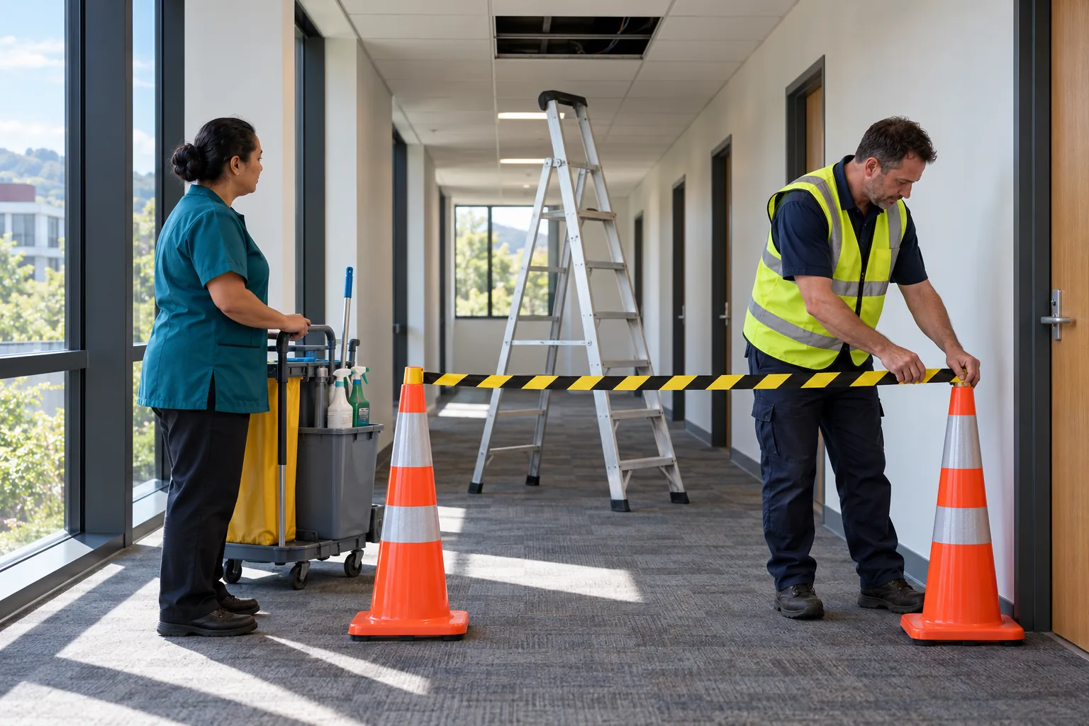 A facilities coordinator taping off a stepladder under an open ceiling tile in a university corridor while a cleaner waits with her trolley.
