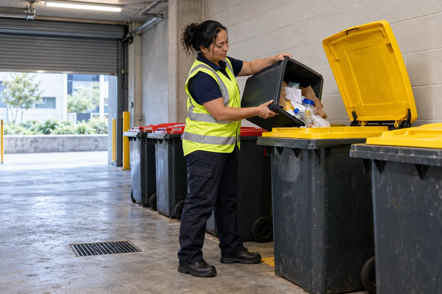 A cleaner emptying an office recycling bin into a wheelie bin in a basement bin store.