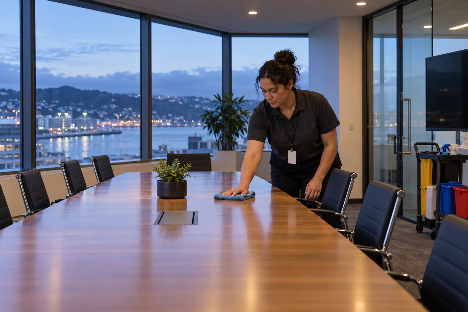 A cleaner wiping a meeting-room table in an empty office before dawn, with a harbour view through the windows.