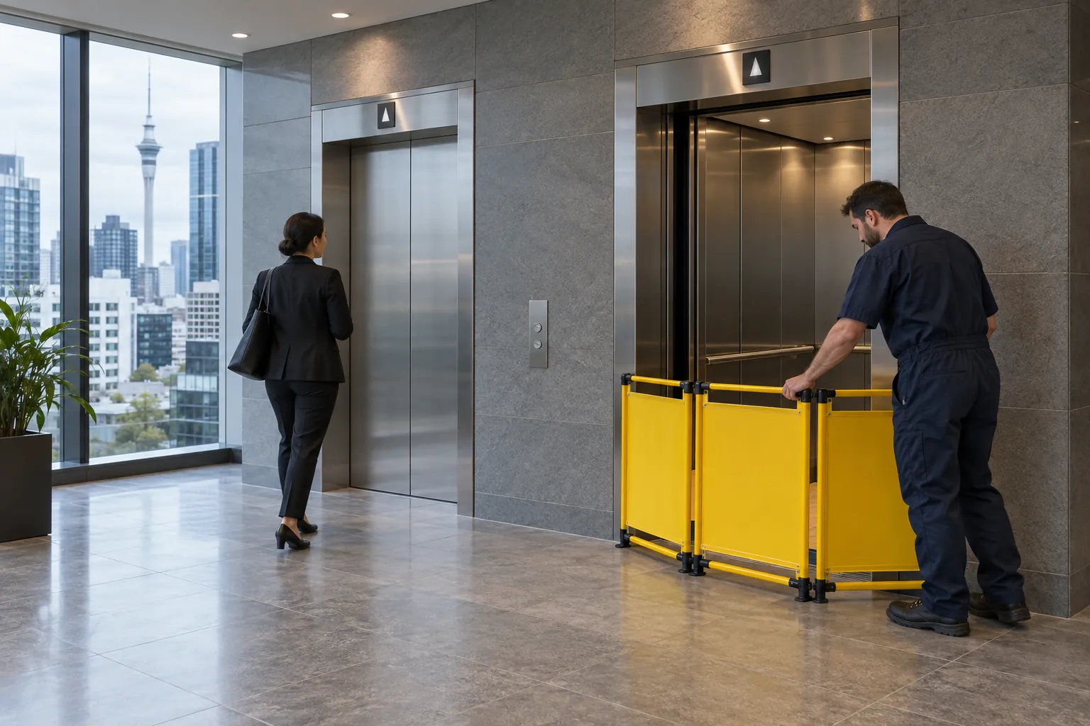 A lift technician setting a barrier across an open lift as an office worker heads for the other lift.