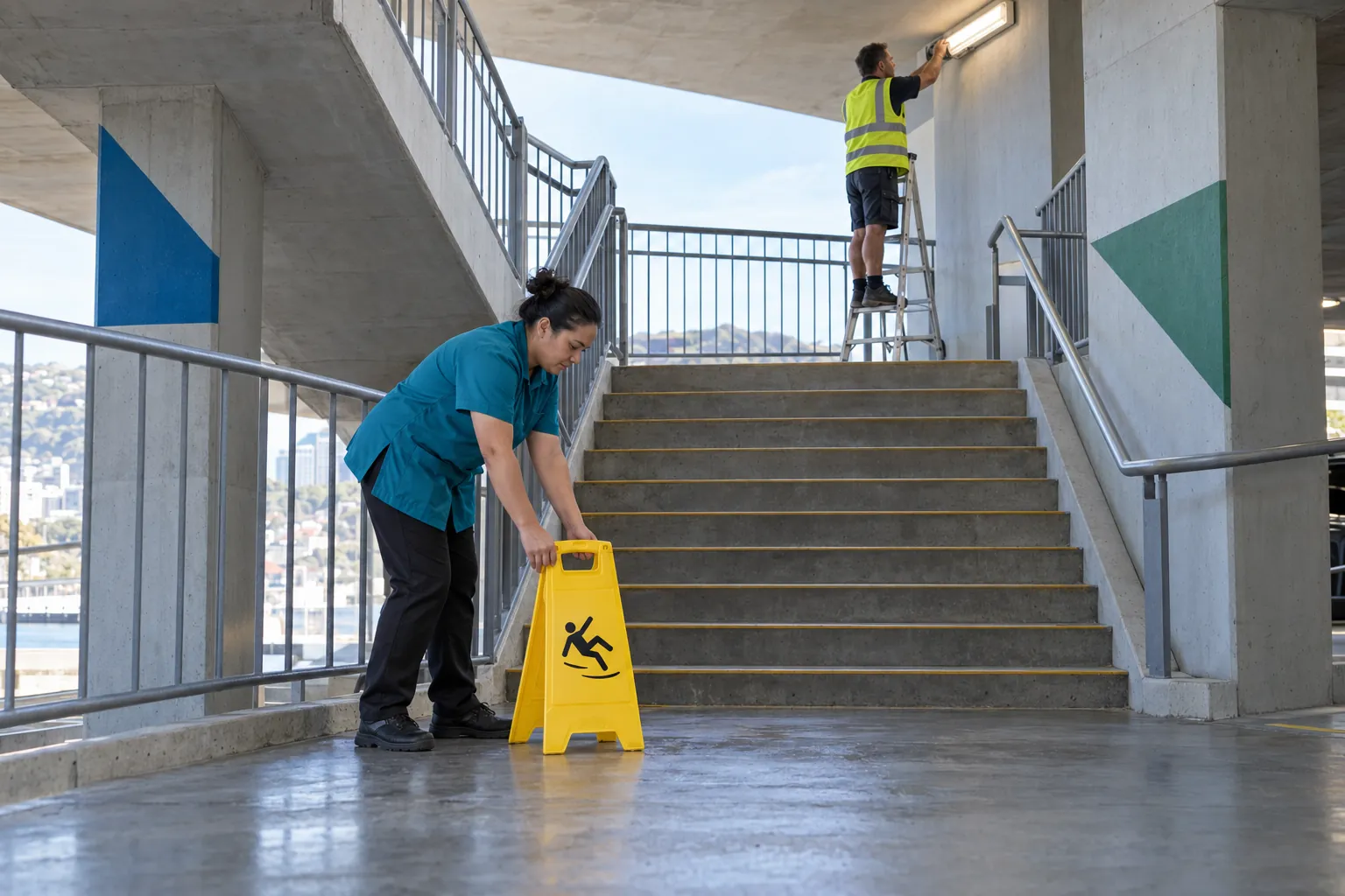 A cleaner setting out a wet-floor sign as a contractor checks a light in a car park stairwell.