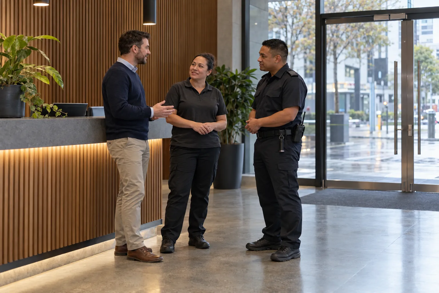 A property manager, a cleaning supervisor and a security officer talking in an office building lobby.