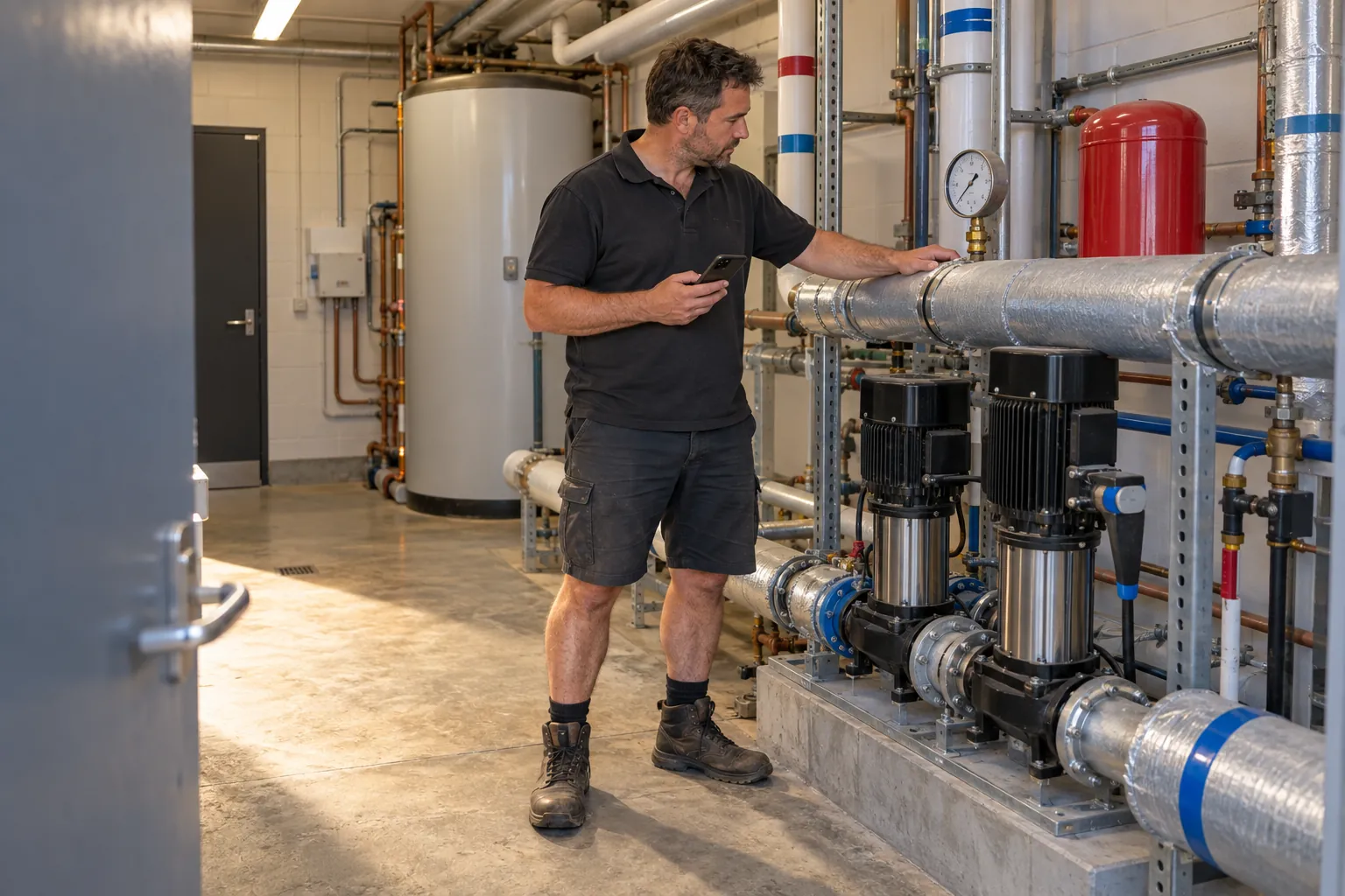 A caretaker checking a pressure gauge on pipework in a school plant room.