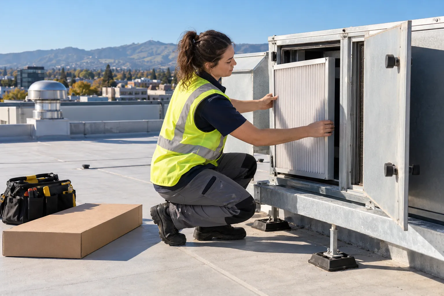 A technician fitting a new filter into an air-handling unit on an office roof.