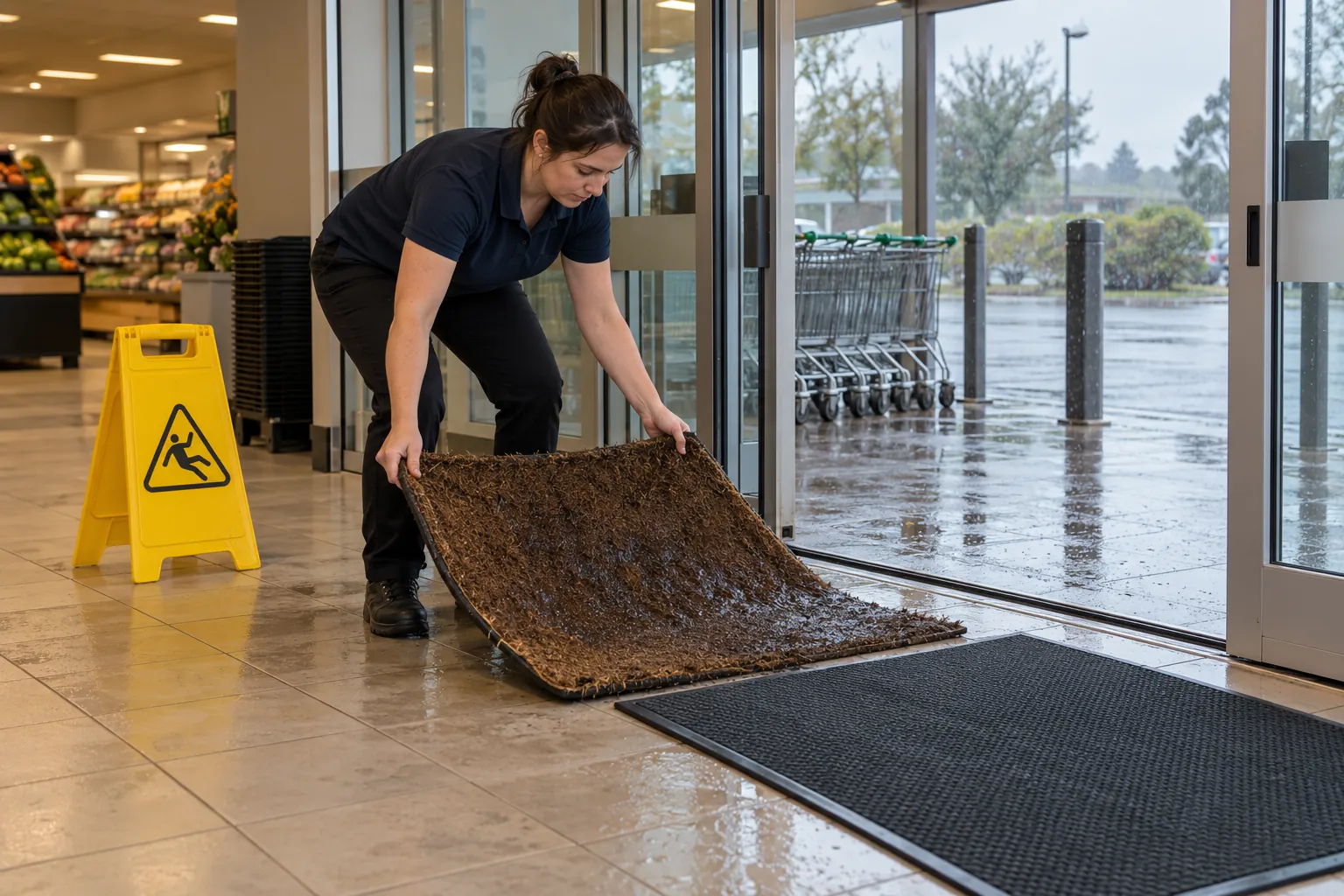 A shop assistant swapping a wet entrance mat for a dry one at a supermarket's sliding doors on a rainy day.