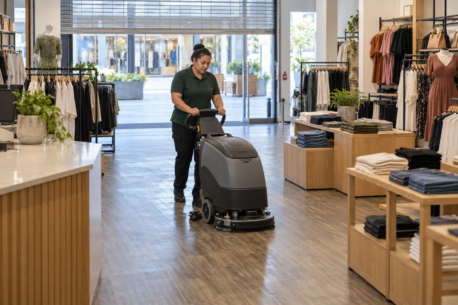 A cleaner running a scrubber-dryer between clothing racks in an empty shop before opening.