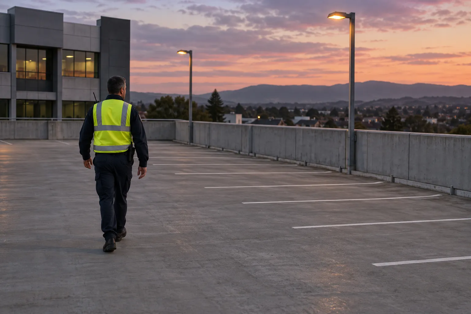 A security officer walking a lock-up round across an empty rooftop car park at dusk.