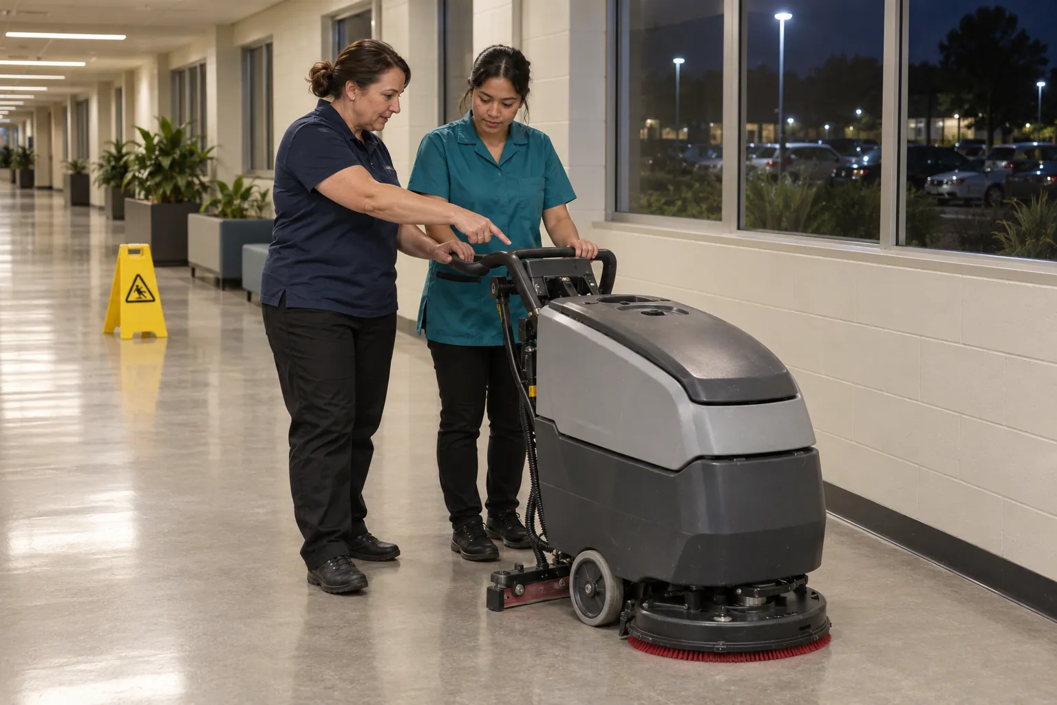 A cleaning supervisor showing a cleaner the controls of a floor scrubber in an empty corridor in the evening.