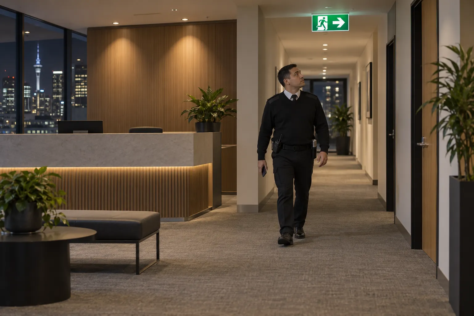 A security officer on an evening round looking up at a lit green exit sign in an office reception area.