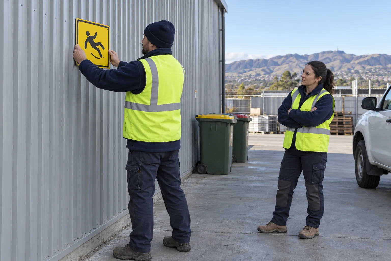 Two facilities staff in high-visibility vests positioning a yellow warning sign on the cladding of an industrial building.