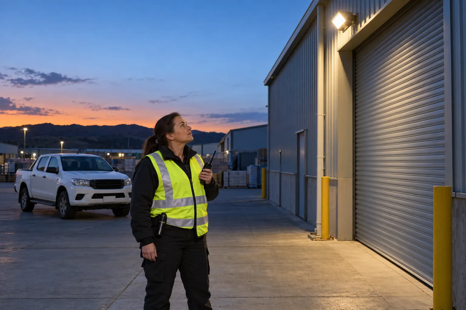 A patrol guard at a warehouse loading dock at dusk, checking a yard floodlight as it comes on.