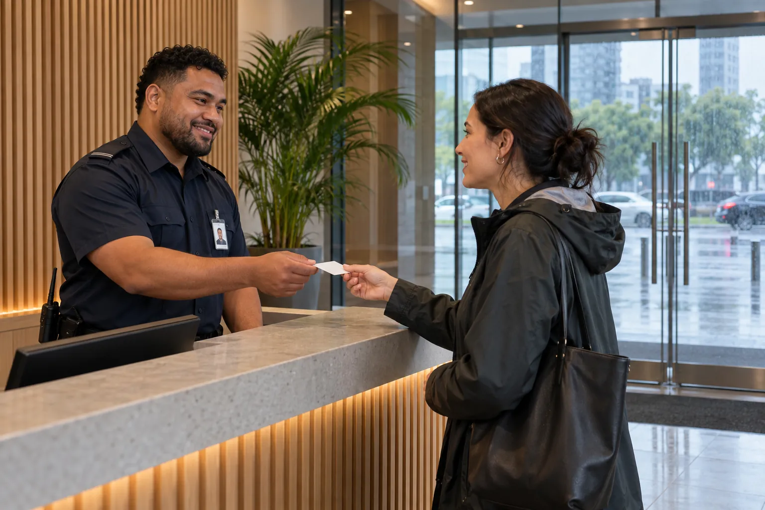 A security guard at an office lobby desk handing a visitor card to a woman in a rain jacket.