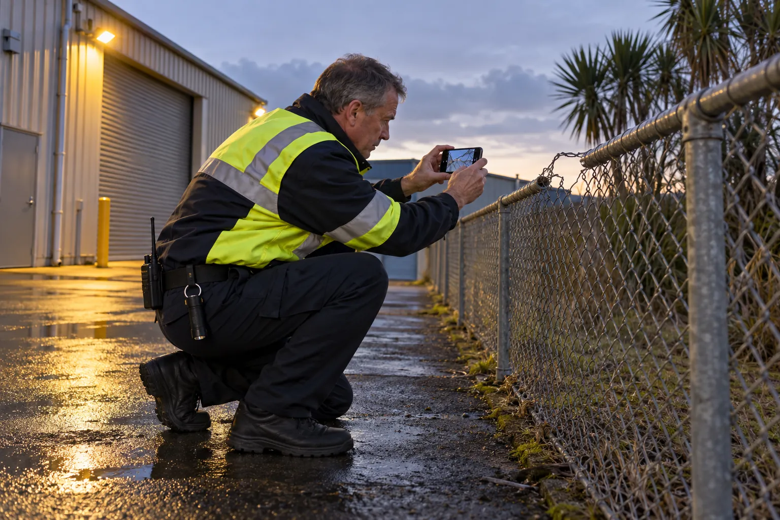 A security officer crouching by a chain-link fence at dawn, photographing a cut wire with his phone.