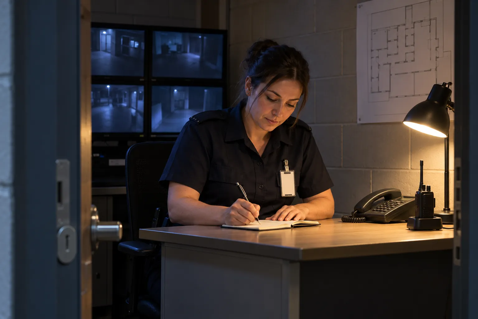 A security officer writing in a notebook at a desk in a building's security office at night, a radio and phone beside her.