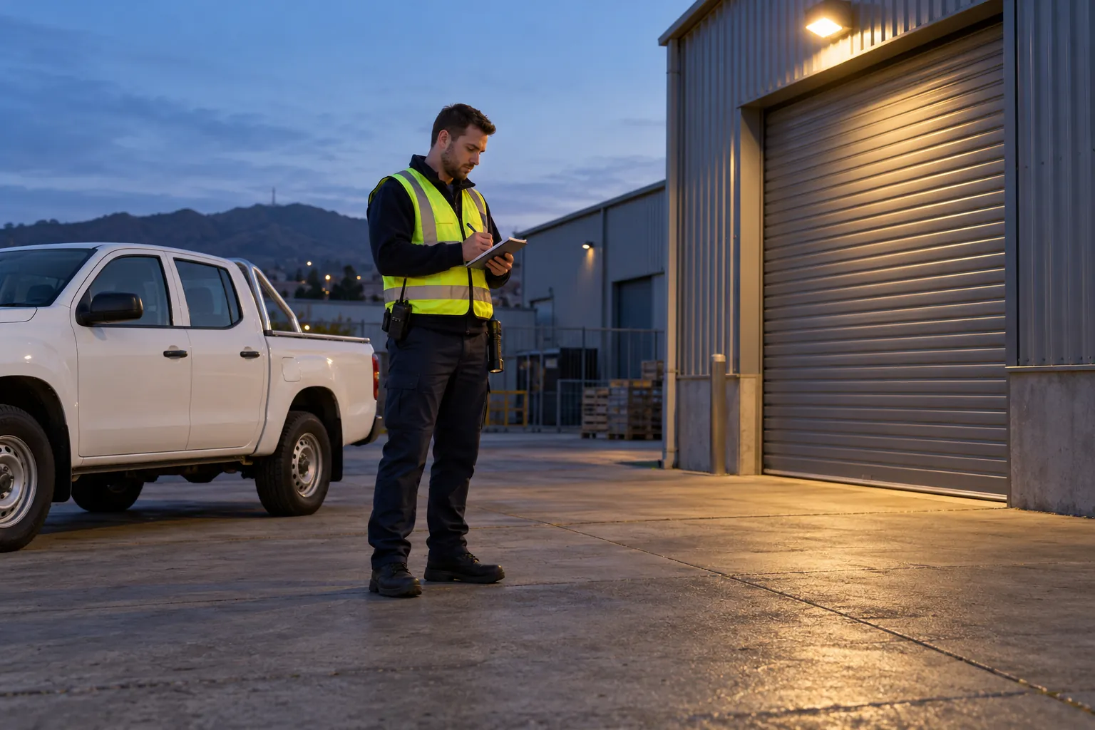 A patrol officer making a note beside a white ute after checking a roller door at an industrial unit at dusk.