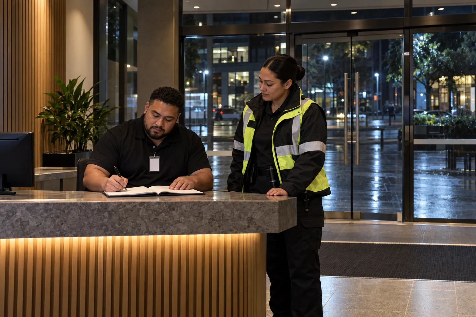 A security guard writing in an open logbook at a lobby security desk at night while a colleague waits to take over.