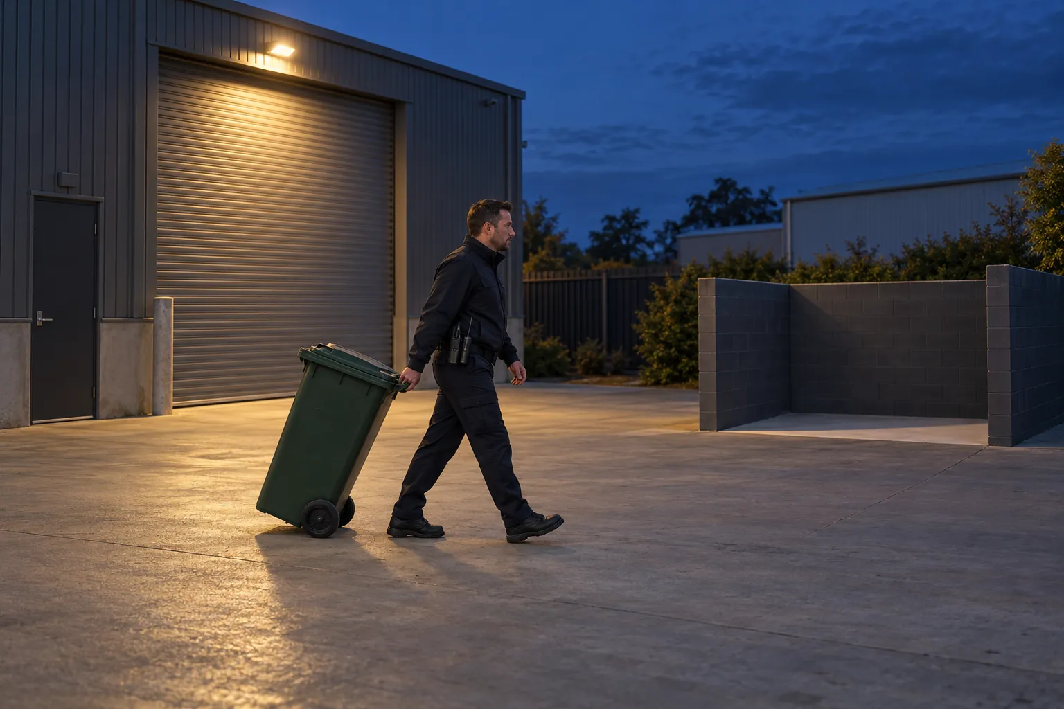 A security officer moving a wheelie bin away from a building wall at dusk.