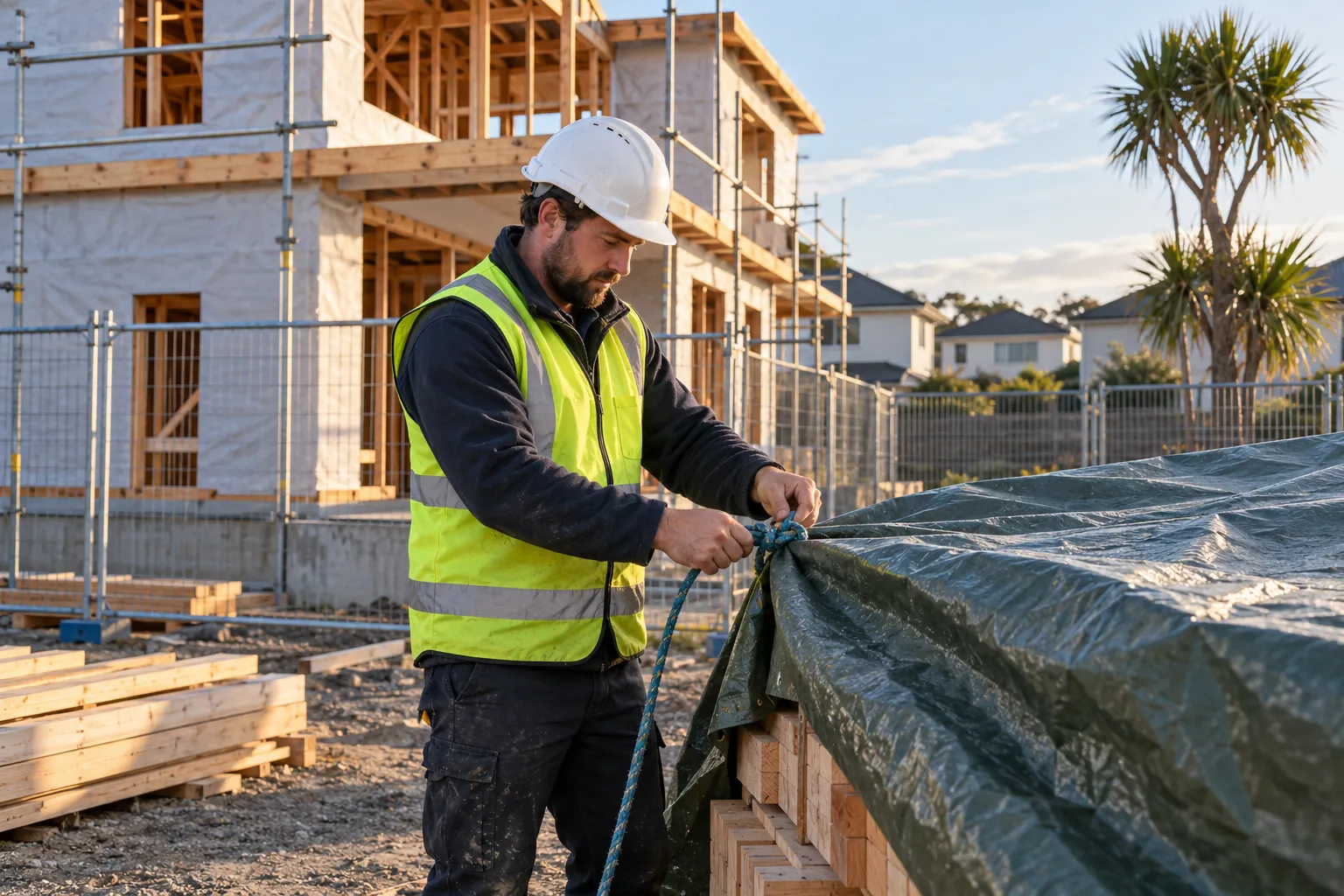 A site manager tying down a tarpaulin over stacked timber on a townhouse building site.