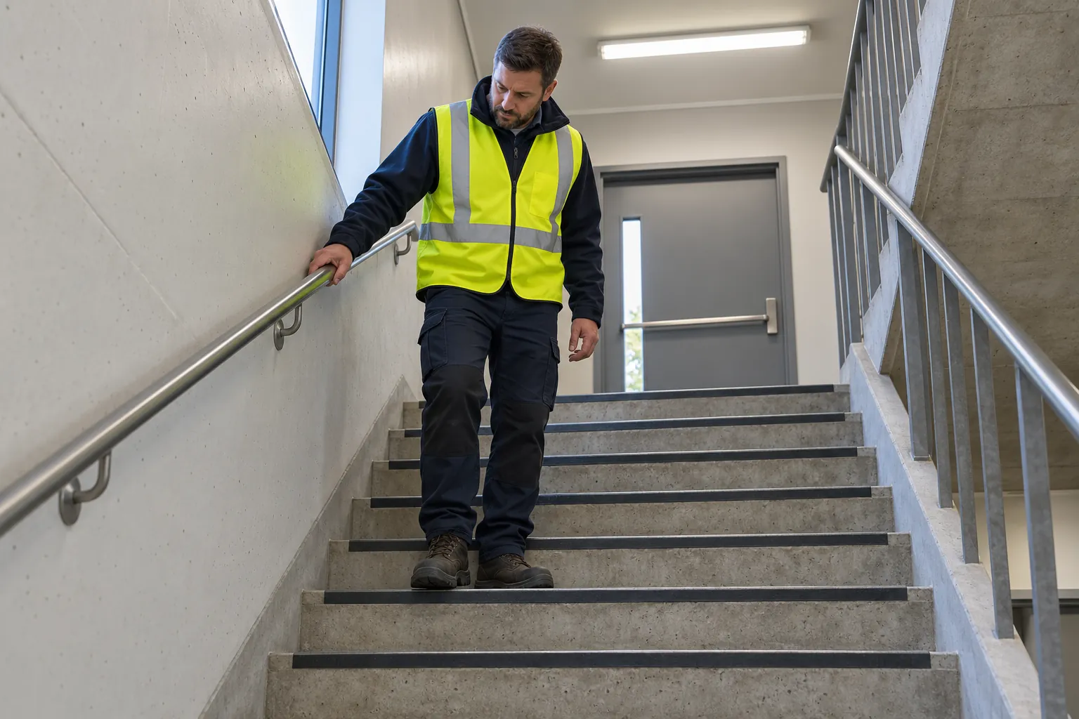 A caretaker in a hi-vis vest checking the handrail and stair edges in a concrete stairwell.
